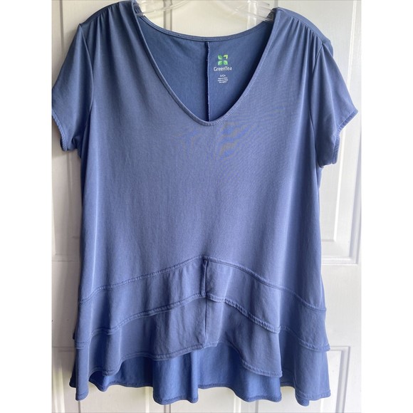 Green Tea Asymmetrical Blue Top Ruffle Tiered Small Oversized Stretch - Picture 3 of 10